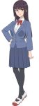  1girl anime_coloring arm_at_side artist_request black_hair black_pantyhose blazer blue_jacket blue_skirt blunt_sidelocks bow bowtie breasts closed_mouth collared_shirt frown full_body hand_on_own_hip heel_up highres ijiranaide_nagatoro-san jacket lapels large_breasts long_hair long_sleeves looking_at_viewer medium_skirt notched_lapels official_art pantyhose pleated_skirt red_bow red_bowtie red_eyes red_shoes school_uniform second-party_source shirt shoes sidelocks simple_background skirt solo standing sunomiya_sana tachi-e transparent_background uwabaki white_shirt white_shoes winter_uniform 
