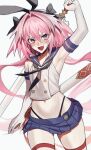  1boy :d ameman arm_up armpits ass_visible_through_thighs astolfo_(fate) bare_shoulders black_bow black_hairband black_neckerchief black_panties blue_sailor_collar blue_skirt blush bow buttons commentary cosplay cowboy_shot crop_top crossdressing crossdressing_(mtf) double-breasted elbow_gloves fate/grand_order fate_(series) gloves hair_between_eyes hair_bow hair_intakes hairband highleg highleg_panties highres holding holding_sword holding_weapon kantai_collection long_hair looking_at_viewer low_twintails male_focus microskirt midriff navel_peek neckerchief open_mouth panties pink_hair pleated_skirt purple_eyes sailor_collar sheath shimakaze_(kancolle) shimakaze_(kancolle)_(cosplay) shirt simple_background single_hair_streak skirt sleeveless sleeveless_shirt smile solo striped_clothes striped_thighhighs sweat sweaty_armpits sword thighhighs trap twintails underwear untranslatable_commentary v-shaped_eyebrows weapon white_background white_gloves white_hair 