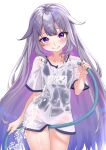  1girl adenoshin1373 alternate_costume black_one-piece_swimsuit closed_mouth collarbone commentary_request gem grey_hair highres holding holding_hose hololive hololive_english hose jewel_under_eye koseki_bijou long_hair name_tag old_school_swimsuit one-piece_swimsuit petite purple_eyes purple_gem school_swimsuit see-through_clothes see-through_shirt shirt smile solo spraying swimsuit swimsuit_under_clothes virtual_youtuber wet wet_clothes wet_shirt white_background white_shirt 