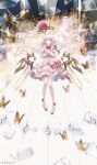  1girl 4ikur0 absurdres aiguillette arcaea ascot beret blue_bow bow bowtie broken_glass bug butterfly carnation commentary_request detached_wings dress flower frilled_dress frilled_thigh_strap frills gem_hat_ornament glass glass_shards hat hat_ribbon highres hikari_(arcaea) hikari_(fracture)_(arcaea) layered_dress long_hair long_sleeves mechanical_wings own_hands_together pink_ascot pink_carnation pink_flower red_bow red_bowtie red_hat ribbon shoes solo thigh_strap thighhighs two-tone_bow unworn_hat unworn_headwear white_dress white_hair white_shoes white_thighhighs wings yellow_butterfly 