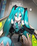  1girl 1other absurdres aqua_eyes aqua_hair aqua_nails aqua_necktie bare_shoulders black_skirt black_sleeves breasts character_doll character_name collarbone collared_shirt commentary_request contrast_collar detached_sleeves doll escalator fingernails fuwapuchi grey_shirt hair_between_eyes hair_ornament hatsune_miku hatsune_miku_(vocaloid6) heart heart_hair_ornament highres long_hair long_sleeves looking_at_viewer naaga_sonomono nail_polish necktie open_mouth pov pov_hands shirt skirt sleeveless sleeveless_shirt small_breasts smile twintails very_long_hair vocaloid wide_sleeves zipper_footwear 