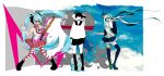  3girls absurdres album_cover_redraw boots commentary derivative_work elizi--s english_commentary full_body hatsune_miku headset highres holding holding_instrument instrument lace-up_boots long_hair multiple_girls necktie red_necktie rolling_girl_(vocaloid) shirt skirt standing striped_clothes striped_thighhighs supercell_(album) thighhighs toosenbo_(vocaloid) twintails unhappy_refrain_(vocaloid) ura-omote_lovers_(vocaloid) vocaloid white_shirt wrist_cuffs 
