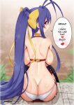  1girl antenna_hair ass back backboob bare_shoulders black_thighhighs blazblue blush bow breasts butt_crack english_commentary english_text from_behind hair_bow long_hair looking_at_viewer looking_back mai_natsume panties patreon_username ponytail purple_hair red_eyes ribbon shoulder_blades sitting smile solo sweat thighhighs underwear very_long_hair virus-g white_panties yellow_bow 