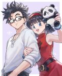  1boy 1girl :d akuto013 asymmetrical_bangs belt belt_buckle black-framed_eyewear black_belt black_eyes black_hair blue_eyes blunt_bangs blunt_ends border bracelet buckle closed_mouth commentary_request dragon_ball dragon_ball_super dragon_ball_super_super_hero dress glasses grabbing_another's_arm hair_intakes hairband hand_up heart hetero highres husband_and_wife jewelry looking_to_the_side open_mouth pectoral_cleavage pectorals print_dress purple_background red_dress red_hairband shirt shirt_tucked_in short_hair sleeveless sleeveless_dress sleeves_rolled_up smile son_gohan spiked_hair stuffed_animal stuffed_panda stuffed_toy teeth upper_teeth_only videl white_border white_shirt 