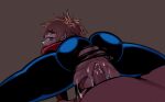  1boy 1girl anus ass ass_focus black_eyes blue_bodysuit bodysuit brown_hair cum cum_in_pussy full-package_futanari futanari gender_transitioning gender_transitioning_(mtf) highres marvel mistermisfortune multicolored_bodysuit open_mouth penis peter_parker petra_parker_(otrebot) pussy red_bodysuit reverse_cowgirl_position simple_background spider-man spider-man_(original_suit) spider-man_(series) spider_web_print straddling testicles torn_bodysuit torn_clothes two-tone_bodysuit uncensored 
