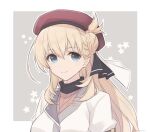 1girl agnes_claudel beret black_ribbon black_shirt blonde_hair blue_eyes braid braided_base breasts bun_with_braided_base closed_mouth coat commentary eiyuu_densetsu hair_bun hair_ribbon hat jewelry kuro_no_kiseki_(series) kuro_no_kiseki_i long_hair looking_at_viewer medium_breasts necklace outline pink_sweater red_hat ribbed_sweater ribbon shirt single_side_bun smile solo sweater troz88860 turtleneck turtleneck_shirt twitter_username upper_body white_coat white_outline white_ribbon 