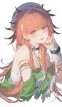  1girl :d absurdres arknights bare_shoulders blush commentary_request earrings erato_(arknights) fingerless_gloves gloves green_nails hat highres infection_monitor_(arknights) jewelry long_hair multicolored_nails mumu_millhayes nail_polish open_mouth orange_hair orange_nails simple_background sketch smile solo unfinished white_background white_gloves white_hat yellow_eyes 
