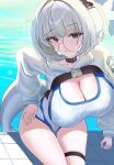  1girl absurdres black_choker blue_archive blush breasts brown_eyes cetacean_tail choker cleavage commentary competition_swimsuit cowboy_shot fins fish_tail glasses grey_hair grey_halo halo hand_on_own_hip headphones highres hood hood_down hooded_shrug kotone_(blue_archive) large_breasts long_sleeves looking_at_viewer one-piece_swimsuit parted_lips poolside round_eyewear short_hair shrug_(clothing) sideboob simple_background sitting solo swimsuit tail tangerine_(wbdbsqkfgyul) thigh_gap thigh_strap water wet wet_clothes wet_swimsuit white_one-piece_swimsuit white_shrug yellow-framed_eyewear 