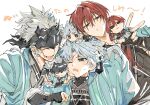  3boys aqua_haori arm_guards black_eyes black_kimono black_ribbon blue_eyes blue_hair character_doll closed_eyes commentary doll doll_on_head fate/grand_order fate_(series) forehead_protector grey_kimono hair_intakes hair_over_shoulder hair_ribbon haori haori_on_shoulders harada_sanosuke_(fate) harada_sanosuke_(teal_haori_and_hakama)_(fate) highres japanese_clothes kimono long_hair looking_at_viewer low_ponytail male_focus medium_sideburns multiple_boys nagakura_shinpachi_(fate) nagakura_shinpachi_(third_ascension)_(fate) one_eye_closed open_mouth ponytail red_hair ribbon scar scar_on_cheek scar_on_face scar_on_forehead shinsengumi_(fate) sideburns sleeveless sleeveless_kimono smile spiked_headband sweat tasuki toramaru_(696anna) toudou_heisuke_(fate) toudou_heisuke_(third_ascension)_(fate) v white_background white_hair 