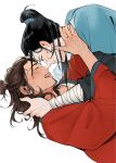  2boys all_wishes_come_true! arm_wrap black_hair blue_hanfu blush brown_hair chinese_clothes closed_eyes closed_mouth coat crying danasauurr english_commentary face-to-face facial_hair facing_another forehead-to-forehead hair_bun hair_pulled_back half_updo hand_in_another's_hair hand_on_another's_neck hanfu heads_together high_ponytail highres hug imminent_kiss long_hair long_sleeves looking_at_another lv_dongbin_(all_wishes_come_true!) lying male_focus multiple_boys mustache_stubble on_back open_mouth parted_lips ponytail profile red_coat red_robe robe simple_background single_hair_bun smile stubble sweat topknot upper_body white_background wide_sleeves yaoi zhongli_quan_(all_wishes_come_true!) 