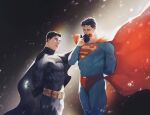  2boys batman batman_(series) batman_symbol belt black_cape black_hair blue_bodysuit bodysuit bruce_wayne cape clark_kent closed_eyes dc_comics flower frieda_li grey_bodysuit highres holding holding_flower kiss kissing_hand male_focus multiple_boys red_cape red_flower short_hair smile superhero_costume superman superman_(series) superman_logo utility_belt white_flower yaoi 