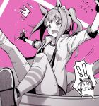  2girls animal_ears blush bow breasts buruma commentary_request ear_bow ear_covers fingerless_gloves flying_sweatdrops gloves haru_urara_(bestest_prize)_(umamusume) haru_urara_(umamusume) headband highres horse_ears horse_girl horse_tail jacket king_halo_(umamusume) long_hair monochrome multiple_girls open_mouth ponytail reon_(dainagon_azuki) shirt shoes small_breasts socks tail umamusume 