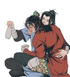  2boys absurdres alcohol all_wishes_come_true! arm_wrap black_boots black_hair black_pants black_sash blue_hanfu blue_trim blush boots bottle chinese_clothes closed_eyes closed_mouth coat commentary_request cup drunk facial_hair full-face_blush full_body hair_bun hair_ornament hair_ribbon half_updo hand_on_another's_back hand_up hanfu high_ponytail highres holding holding_bottle holding_cup hug indian_style layered_sleeves leaf_belt leaf_hair_ornament leaf_ornament ln_(yc24720223) long_hair long_sleeves looking_at_another lv_dongbin_(all_wishes_come_true!) male_focus multiple_boys mustache mustache_stubble on_lap pants parted_lips ponytail red_coat red_ribbon red_robe red_sash ribbon robe sakazuki sake sash sidelocks simple_background single_hair_bun sitting sitting_on_lap sitting_on_person stubble topknot white_background white_hanfu wide_sleeves yaoi zhongli_quan_(all_wishes_come_true!) 