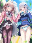  2girls ades_clus belt blue_flower blue_panties blue_rose blurry blurry_background bow bow_panties breasts buttons commentary_request commission crotch_seam floating_clothes floating_hair floral_print floral_print_panties flower green_eyes highres leaf lize_helesta lize_helesta_(school_uniform) long_hair long_sleeves multiple_girls nijisanji outdoors panties panties_under_pantyhose pantyhose pantyshot pink_eyes pink_panties polka_dot polka_dot_panties print_panties raised_inner_eyebrows rose skeb_commission striped_clothes striped_thighhighs suzuhara_lulu suzuhara_lulu_(1st_costume) thighhighs thighs underwear variant_set vertical-striped_clothes vertical-striped_thighhighs virtual_youtuber white_hair wind wind_lift 
