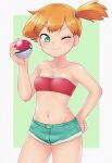  1girl ;) bandeau breasts cleavage closed_mouth collarbone commentary cowboy_shot eyelashes green_background green_eyes green_shorts hand_on_own_hip happy highres holding holding_poke_ball looking_at_viewer misty_(pokemon) navel one_eye_closed orange_hair poke_ball poke_ball_(basic) pokemon pokemon_adventures puyopopper red_bandeau short_shorts shorts side_ponytail smile solo stomach 