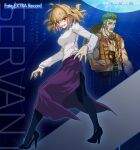  1boy 1girl ajirogasa antenna_hair arcueid_brunestud arcueid_brunestud_(berserker) bead_necklace beads beard belt biceps black_pants black_pantyhose blonde_hair breasts clenched_teeth commentary cross cross_necklace english_commentary english_text facial_hair fate/extra fate/extra_record fate_(series) fighting_stance fingerless_gloves fingernails full_body gatou_monji gloves green_hair hat high_heels highres jewelry long_skirt looking_at_viewer medium_breasts messy_hair muscular muscular_male necklace official_art open_clothes open_vest orange_vest pants pantyhose prayer_beads purple_skirt scowl screenshot sharp_fingernails short_hair side_slit single_hair_intake skirt sweater teeth third-party_source turtleneck turtleneck_sweater vest wada_arco white_sweater 