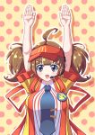  1girl :d absurdres ahoge alternate_breast_size_(larger) arms_up back_ribbon badge black_eyes black_necktie breasts brown_hair button_badge collared_shirt commentary contrast_collar cut_bangs employee_uniform fast_food_uniform happi headset highres imadake_dabuchi_tabemi japanese_clothes large_breasts looking_at_viewer mcdonald's mushi4622 necktie open_happi open_mouth outline pinstripe_pattern pinstripe_shirt polka_dot polka_dot_background ran_ran_ru red_ribbon red_trim red_visor_cap ribbon shirt short_hair short_sleeves short_twintails smile straight-on striped_clothes striped_shirt tie_clip twintails upper_body v-shaped_eyebrows vertical-striped_clothes vertical-striped_shirt visor_cap white_outline white_shirt yellow_background yellow_happi 