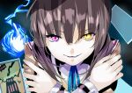  1girl aqua_background blue_ribbon bob_cut brown_hair card chuunibyou commentary_request crossed_arms eyes_visible_through_hair hair_between_eyes heaven_burns_red heterochromia highres hiiragi_kozue hitodama jacket long_sleeves looking_at_viewer munakurasora neck_ribbon parted_lips persona purple_eyes ribbon simple_background smile smug solo straight-on tarot tarot_card the_tower_(tarot) upper_body v-shaped_eyebrows yellow_eyes yellow_jacket 