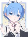  1girl apron bare_shoulders blue_eyes blue_hair blush commentary_request heart highres maid maid_apron maid_headdress open_mouth re:zero_kara_hajimeru_isekai_seikatsu rem_(re:zero) roswaal_mansion_maid_uniform short_hair solo yucchiimi 