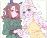  2girls animal_ears bare_shoulders beanie blue_eyes blush bow breasts brown_hair closed_mouth commentary_request detached_sleeves dress ear_bow ear_covers ear_ribbon ears_through_headwear flower green_dress grey_hair hair_between_eyes hair_flower hair_ornament hairclip hat horse_ears horse_girl king_halo_(umamusume) long_hair looking_at_viewer medium_breasts multiple_girls open_mouth overalls red_eyes rsusk189 seiun_sky_(umamusume) shirt short_hair single_ear_cover sleeveless sleeveless_dress small_breasts smile sunflower sunflower_hair_ornament umamusume w white_shirt yellow_overalls 