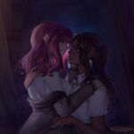  2girls blue_eyes blue_gem blunt_bangs braid breasts brown_hair cassidy_amber collared_shirt curtained_hair dark-skinned_female dark_skin earrings eye_contact gem green_eyes hair_down hand_on_another's_back hand_on_another's_shoulder hand_on_another's_waist highres interracial jacket jacket_partially_removed jewelry koimyas long_hair long_sleeves looking_at_another medium_hair multiple_girls pendant project:_eden's_garden red_hair shirt wavy_hair wenona_(project:_eden's_garden) white_shirt yuri 