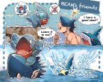  +++ 1boy arms_up beam_(chainsaw_man) black_hair chainsaw_man cloud cloudy_sky commentary_request english_text finger_to_mouth gible highres light_bulb looking_at_another male_focus mtkg_05 ocean open_mouth partially_submerged pointy_ears pokemon pokemon_(creature) red_eyes riding shark_boy shark_fin shark_head sharp_teeth sharpedo short_hair sky speech_bubble spoken_character spoken_x standing swimming teeth thought_bubble tongue water water_drop 