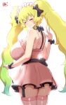  1girl alternate_costume alternate_hairstyle bare_shoulders black_bow black_sash blonde_hair bow breasts closed_eyes closed_mouth commentary_request cowboy_shot dress facing_back fluffy_hair from_behind garter_straps green_hair hair_bow hand_up highres huge_breasts kobayashi-san_chi_no_maidragon long_hair lucoa_(maidragon) maid_headdress pink_dress pink_thighhighs reiwa_rerere sash short_dress simple_background single_garter_strap sleeveless sleeveless_dress smile solo split_mouth thighhighs twintails very_long_hair w waist_sash white_background wrist_bow 