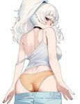 1girl ass bare_arms bare_shoulders black_choker black_nails blue_eyes breasts camisole choker commentary cowboy_shot fingernails from_behind glasses grey_hair high_ponytail highres light_blush long_fingernails looking_at_viewer looking_back medium_breasts meg_(wakamepiza) nail_polish orange_panties original paid_reward_available panties panty_tag ponytail pulling_own_clothes semi-rimless_eyewear short_eyebrows simple_background solo standing strap_slip thick_eyebrows under-rim_eyewear underwear undressing untranslatable_commentary wakamepiza white_background white_camisole yellow-framed_eyewear 