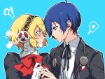  !? 1boy 1girl aigis_(persona) ame_(pixiv_78004943) android blonde_hair blue_background blue_eyes blue_hair blush closed_mouth commentary_request flustered gekkoukan_high_school_uniform heart hetero highres looking_at_another persona persona_3 school_uniform short_hair spoken_heart yuuki_makoto_(persona_3) 
