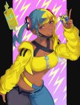  1girl absurdres aqua_hair bandeau black_mask blonde_hair blue_eyes breasts canari_(pokemon) cleavage commentary criss-cross_straps dark-skinned_female dark_skin highres holding holding_poke_ball jacket long_sleeves looking_at_viewer mask mask_pull medium_breasts mega_stone mouth_mask multicolored_hair navel open_mouth pants poke_ball pokemon pokemon_legends:_z-a quick_ball rotom rotom_phone smile solo split-color_clothes split-color_hair sports_bra starequiems teeth twintails two-tone_hair two-tone_mask two-tone_pants yellow_bandeau yellow_jacket yellow_mask yellow_sports_bra 