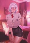  1girl absurdres artist_name bed black_skirt blurry blurry_background blush bra_visible_through_clothes breast_pocket breasts button_gap ceo_and_bodyguard collared_shirt colored_eyelashes covered_navel cowboy_shot crossed_bangs english_commentary fanbox_username glint gumroad_username hair_between_eyes hand_on_own_thigh hand_up highres indoors itch.io_username jewelry korean_commentary large_breasts looking_at_viewer mature_female mixed-language_commentary multilingual_commentary neck_ribbon patreon_username pocket red_pupils red_ribbon ribbon ring roborobocap school_uniform see-through_clothes shirt short_hair short_sleeves skirt solo sweat twitter_username v wedding_ring wet wet_clothes wet_shirt white_eyelashes white_eyes white_hair white_nails white_shirt 