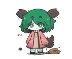  1girl animal_ears bamboo_broom black_shoes blue_socks blush broom chibi commentary_request crying crying_with_eyes_open dog_ears dog_girl dog_tail dress full_body green_eyes green_hair highres jacket kasodani_kyouko open_clothes open_jacket parted_lips pink_dress pink_jacket sea_urchin shadow shoes short_eyebrows simple_background socks solo standing tail tears thick_eyebrows touhou translated uni_souchou white_background 