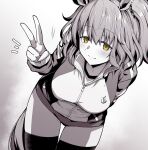  1girl animal_ears aston_machan_(umamusume) blush breasts buruma closed_mouth commentary_request gym_shirt hair_between_eyes hair_ornament highres horse_ears horse_girl horse_tail jacket large_breasts long_sleeves looking_at_viewer monochrome reon_(dainagon_azuki) shirt smile solo spot_color tail thighhighs tracen_training_uniform track_jacket umamusume v yellow_eyes 