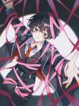  1boy absurdres bags_under_eyes black_background black_eyes black_hair black_jacket black_vest buhuaixiaoguai collared_shirt commentary dot_nose e.g.o_(project_moon) feet_out_of_frame highres jacket lcb_uniform_(project_moon) limbus_company looking_at_viewer looking_up male_focus necktie outstretched_arms parted_lips pink_ribbon project_moon reaching reaching_towards_viewer red_jacket red_necktie ribbon roseate_desire_(e.g.o) shirt simple_background solo spotlight spread_arms two-sided_fabric two-sided_jacket vest white_shirt yi_sang_(project_moon) 