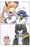  2girls arknights arknights:_endfield black_hair black_hairband black_jacket blonde_hair blue_bow blue_gloves bow commentary endministrator_(arknights) female_endministrator_(arknights) finger_heart gloves grey_sweater hair_bow hairband heart highres horns jacket liino_(arknights) long_hair long_sleeves mask multiple_girls open_mouth partially_fingerless_gloves pointy_ears ponytail purple_eyes short_hair shrug_(clothing) sweater thighhighs untranslatable_commentary white_shrug yuukikikie 