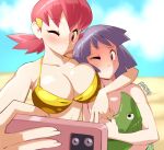  1boy 1girl arm_around_neck bikini blurry blurry_background blush breasts bugsy_(pokemon) cheek-to-breast cleavage closed_mouth cloud commentary day english_commentary gold_bikini hair_ornament hairclip highres holding holding_phone holding_pokemon inward_v large_breasts low_twintails metapod one_eye_closed outdoors phone pokemon pokemon_(creature) pokemon_heartgold_and_soulsilver purple_hair selfie short_hair signature sky supermondobeat swimsuit twintails upper_body v whitney_(pokemon) 
