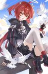  1girl :d ahoge animal ankle_boots arknights bird black_boots black_gloves black_jacket black_shorts blush boots chinese_commentary cloud commentary_request crown_(symbol) day exusiai_(arknights) exusiai_the_new_covenant_(arknights) fingerless_gloves gloves halo hand_up highres hood hood_down hooded_jacket jacket knee_up long_sleeves looking_at_viewer open_mouth orange_eyes outdoors pouch red_hair shirt short_hair shorts sitting smile solo teeth thighhighs traditional_halo upper_teeth_only w white_bird white_halo white_shirt white_thighhighs yellow_halo zerosama_(sailuojiang) 