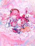  1girl amagase_muyu amagase_muyu_(ranunculus) arm_rest armband ascot asymmetrical_legwear balloon birthday boots box cat collared_shirt commentary company_name confetti copyright_notice crossed_bangs elbow_rest feet_up flower_hairband gift gift_box gloves hair_between_eyes hairband hand_on_own_face idol_clothes jacket knee_boots lace-trimmed_hairband lace_trim long_hair long_sleeves looking_at_viewer lying nijisanji official_art on_bed on_stomach oo6 pink_ascot pink_eyes pink_hair pink_skirt pink_theme sample_watermark shirt skirt smile solo virtual_youtuber watermark white_boots white_gloves white_jacket white_shirt 