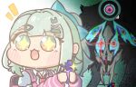 +_+ 1girl :3 arm_warmers asymmetrical_bangs bag black_choker blush choker commentary_request ethereal_(zenless_zone_zero) green_eyes green_hair hair_ornament hairclip highres holding necktie open_mouth ranka_potato red_necktie shirt striped_arm_warmers sunna_(zenless_zone_zero) ulidim_(zenless_zone_zero) upper_body white_shirt zenless_zone_zero 