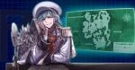  1girl aqua_hair ascot blue_background cape earrings elbow_on_table english_text epaulettes feather-trimmed_cape game_asset geena_pepper gold_trim green_eyes grin hat head_rest highres inkwell jacket jewelry long_hair looking_at_viewer map medal military_hat military_jacket military_uniform non-web_source official_art peaked_cap quill red_ascot rolua self-datamine smile table the_great_villainess_strategy_of_lily white_cape white_hat white_jacket 