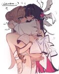  2girls black_hair blush brown_hair carrying carrying_person cipherring closed_eyes columbina_(genshin_impact) dress erection futa_with_female futanari genshin_impact hair_bun hair_flaps hair_intakes head_wings highres hug long_hair multicolored_hair multiple_girls parted_lips penis pink_streaks precum purple_eyes sandrone_(genshin_impact) simple_background smile streaked_hair testicles uncensored white_background white_dress wings 