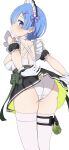  1girl absurdres ass blue_eyes breasts commentary dress from_behind gloves goddess_of_victory:_nikke highres maid maid_headdress medium_breasts na-suke panties re:zero_kara_hajimeru_isekai_seikatsu rem_(re:zero) short_hair simple_background solo thighhighs thighs underwear white_background white_dress white_gloves white_panties white_thighhighs 