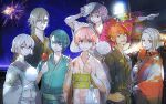  1girl 6+boys :/ aerial_fireworks black_kimono blue_eyes blue_kimono blunt_bangs candy_apple closed_mouth collarbone cotton_candy expressionless fireworks floral_print floral_print_kimono food green_eyes grey_eyes grey_hair grin hair_between_eyes hand_fan hand_fan_writing highres holding holding_candy_apple holding_cotton_candy holding_fan holding_food jack_jeanne japanese_clothes kimono long_hair low_twintails mask mask_on_head medium_hair multiple_boys mutsumi_kai neji_kokuto official_art orimaki_suzu outdoors paper_fan pink_eyes pink_kimono print_kimono purple_hair red_eyes red_hair red_kimono shirota_mitsuki short_hair sidelocks sky smile split_mouth star_(sky) starry_sky tachibana_kisa takashina_sarafumi twintails uchiwa v white_hair white_kimono yellow_eyes yonaga_soshiro 