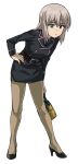  1girl 9s0ykoyama117 absurdres bag belt black_belt black_jacket black_necktie black_skin blue_eyes colored_skin commentary_request girls_und_panzer grey_hair hand_on_own_hip handbag high_heels highres holding holding_bag itsumi_erika jacket leaning_forward long_hair looking_at_viewer miniskirt necktie niedersachsen_military_uniform pantyhose skirt solo white_background 
