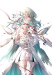  1girl aqua_hair arcaea bouquet cape closed_eyes detached_wings dress elbow_gloves facing_viewer flower flower_over_eye garter_straps gloves hair_flower hair_ornament highres holding holding_bouquet layered_dress mechanical_wings one_eye_covered saya_(absolution)_(arcaea) saya_(arcaea) short_hair simple_background solo straight-on thighhighs tslhn_e white_background white_cape white_dress white_flower white_gloves white_thighhighs wings 