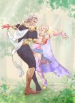  1boy 1girl arm_around_another's_back armlet black_pants black_shirt blonde_hair blue_cape boots bridal_gauntlets brown_boots cape commentary_request dancing facial_hair final_fantasy final_fantasy_v forest full_body galuf_halm_baldesion gloves gold_armlet gold_trim grandfather_and_granddaughter grey_hair highres jewelry krile_mayer_baldesion_(ff5) laughing leotard long_hair low_ponytail mustache nature old old_man open_mouth pants parted_bangs pink_boots pink_leotard pink_sleeves ponytail purple_thighhighs rakugaki_wanko red_gloves sash shirt short_hair shoulder_spikes smile spikes thighhighs twitter_username waist_sash white_cape 