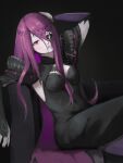  1girl absurdres black_background black_dress breasts commentary dress hair_over_one_eye highres jewelry long_hair lyknoe pink_hair re:zero_kara_hajimeru_isekai_seikatsu red_eyes sekhmet_(re:zero) simple_background solo 