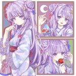  1girl absurdres alternate_costume bag bagged_fish candy_apple cococo_art commentary_request crescent crescent_hair_ornament double_bun eating fish floral_print floral_print_kimono food hair_bun hair_ornament highres holding holding_candy_apple holding_food holding_kinchaku japanese_clothes kimono kinchaku long_sleeves looking_at_viewer multiple_views obi obijime open_mouth patchouli_knowledge pouch print_kimono purple_eyes purple_hair purple_kimono red_sash sash touhou wide_sleeves 
