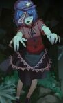  1girl absurdres black_ribbon black_skirt blue_eyes blue_hair commentary grey_nails hat hat_ornament highres jiangshi kh_jing_shui_tong looking_at_viewer medium_hair miyako_yoshika neck_ribbon open_mouth outstretched_arms purple_hat red_shirt ribbon shirt short_sleeves skirt solo star_(symbol) star_hat_ornament touhou zombie_pose 