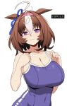  1girl :3 @_@ alternate_breast_size_(larger) animal_ears blush breasts brown_hair cleavage closed_mouth commentary_request covered_navel formicid grey_hair hair_between_eyes hands_up horse_ears korean_commentary korean_text large_breasts light_smile looking_at_viewer medium_hair meisho_doto_(umamusume) multicolored_hair oekaki one-piece_swimsuit pink_hair purple_eyes simple_background solo swimsuit translation_request umamusume upper_body wet wet_clothes wet_face wet_swimsuit 